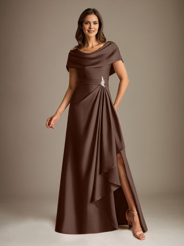 Robe de mère de la mariée en satin extensible, longueur au sol, coupe en A avec encolure dégagée et volants en cascade