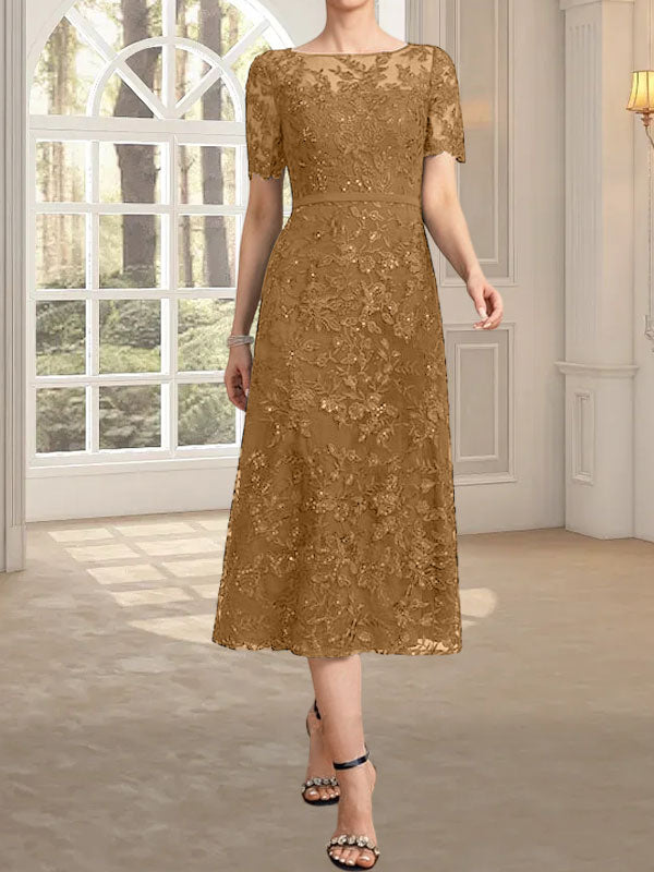 A-Linie, U-Ausschnitt, Illusion, knielang, Spitze, Kleid für die Brautmutter mit Pailletten