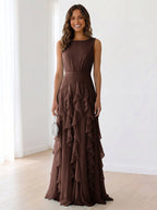 Sky Blue Tiered Chiffon Evening Maxi Dress With Ruched Bodice