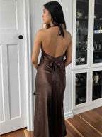 Teal Satin Halter Neck Sheath Evening Prom Dress Backless Bowknot