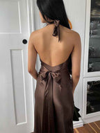 Teal Satin Halter Neck Sheath Evening Prom Dress Backless Bowknot