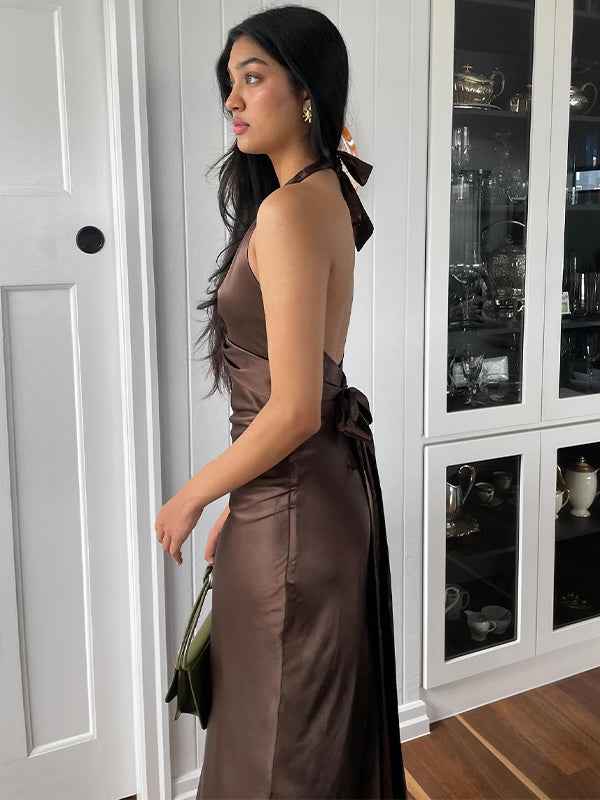 Teal Satin Halter Neck Sheath Evening Prom Dress Backless Bowknot