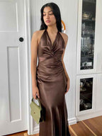 Teal Satin Halter Neck Sheath Evening Prom Dress Backless Bowknot