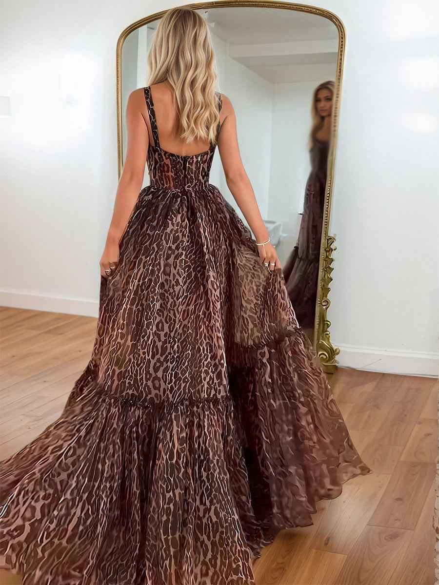 Brown Leopard Print Strappy Prom Dress With Flowing Tiered Skirt