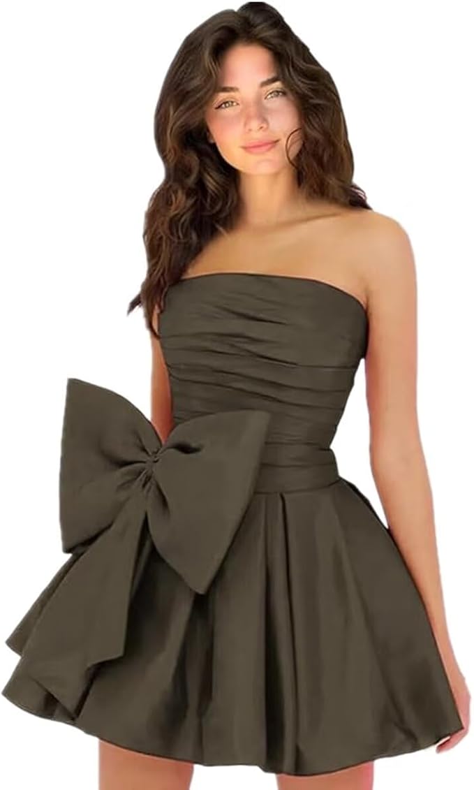 Vestidos de fiesta cortos y elegantes de corte A, sin mangas, sin tirantes, fruncidos, con cordones y lazo