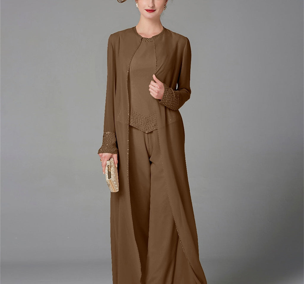 Mother Of The Bride Pantsuit With Jacket And Sequins Long Sleeve Chiffon