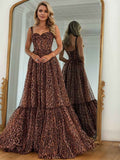 Brown Leopard Print Strappy Prom Dress With Flowing Tiered Skirt