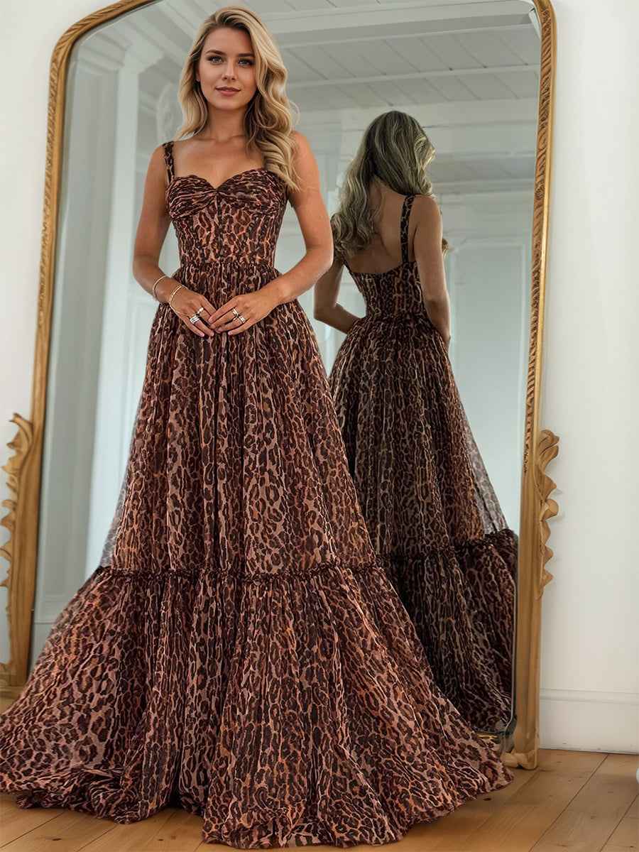 Brown Leopard Print Strappy Prom Dress With Flowing Tiered Skirt