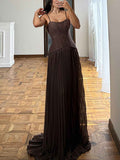 Brown Sweetheart Lace Corset A Line Pleated Prom Dress