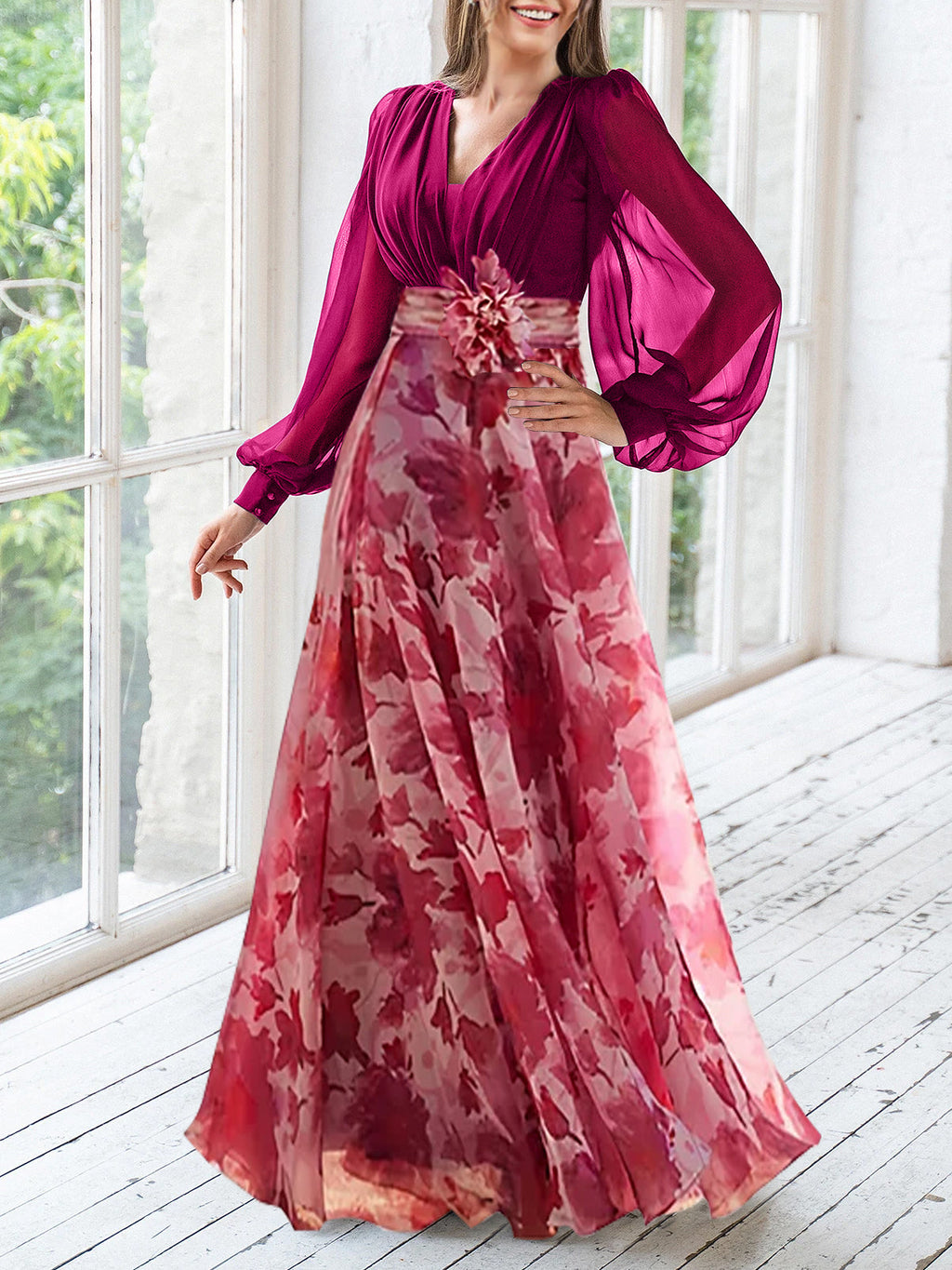 Floral Plus Size Mother Of The Bride Dress With V Neck And Long Sleeves