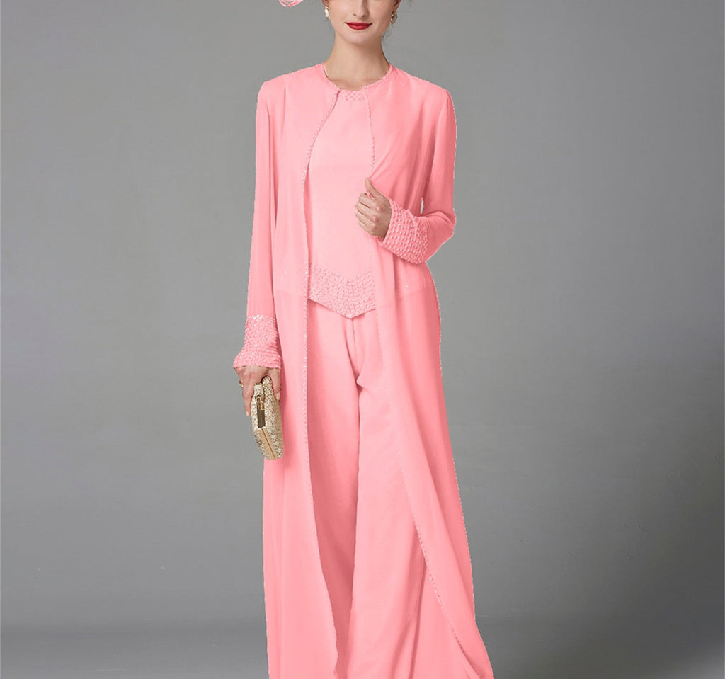 Mother Of The Bride Pantsuit With Jacket And Sequins Long Sleeve Chiffon