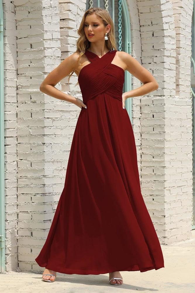 Vestido de Dama de Honra Halter em Chiffon para Mulher, Modelo A-Line, Longo, Formal, para Baile de Finalistas SEA28015