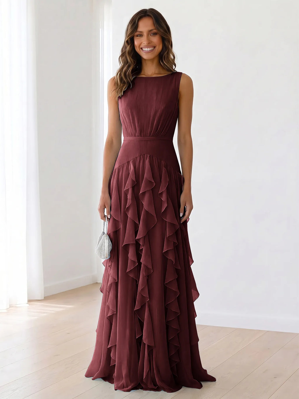 Sky Blue Tiered Chiffon Evening Maxi Dress With Ruched Bodice