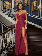 Red Sequin Strapless Sweetheart Prom Gown with High Slit