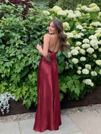 Blue A Line V Neck Beaded Back Tie Long Prom Dress