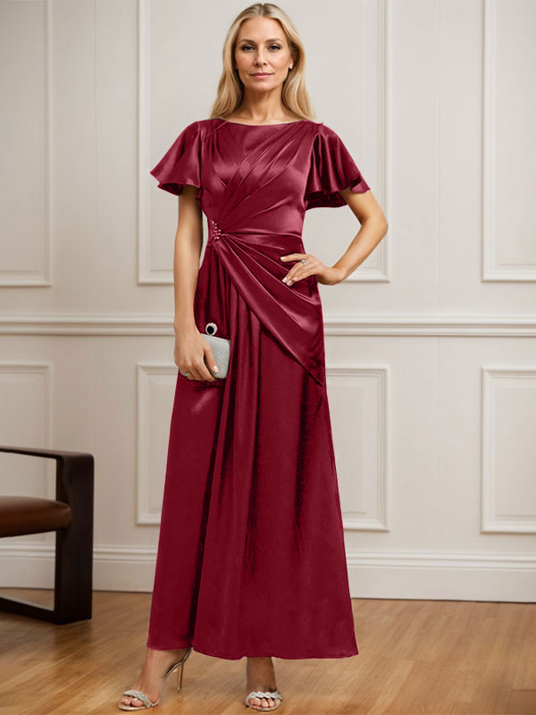 Robe de mère de la mariée en satin extensible, longueur cheville, en ligne A, décolleté arrondi, ornée de perles plissées