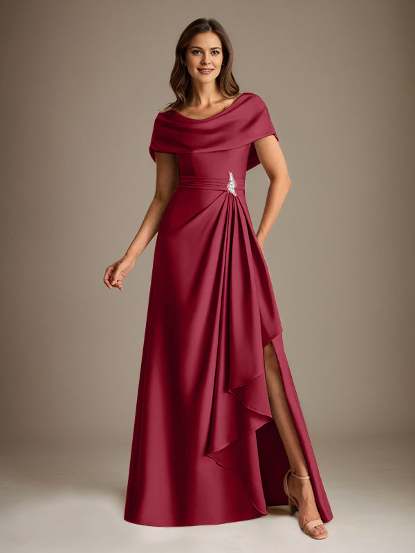 Robe de mère de la mariée en satin extensible, longueur au sol, coupe en A avec encolure dégagée et volants en cascade