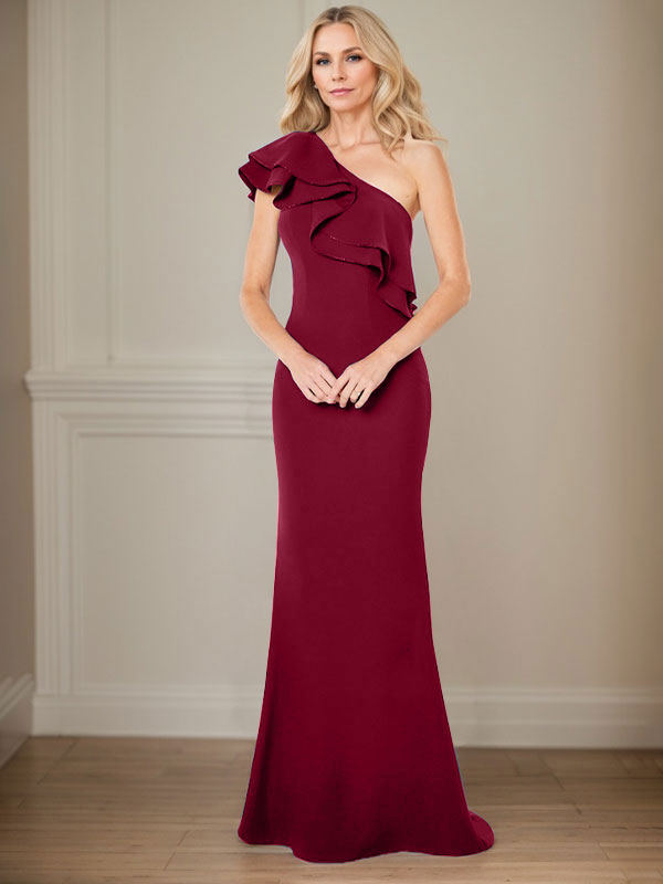 Robe de mère de la mariée en mousseline, longueur au sol, coupe en A, à une épaule avec volants