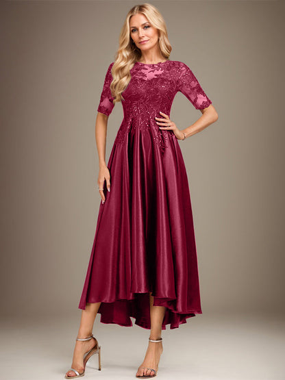 A-Linie, U-Ausschnitt, Illusion, asymmetrisch, Stretch-Satin, Spitze, Kleid für die Brautmutter mit Pailletten 