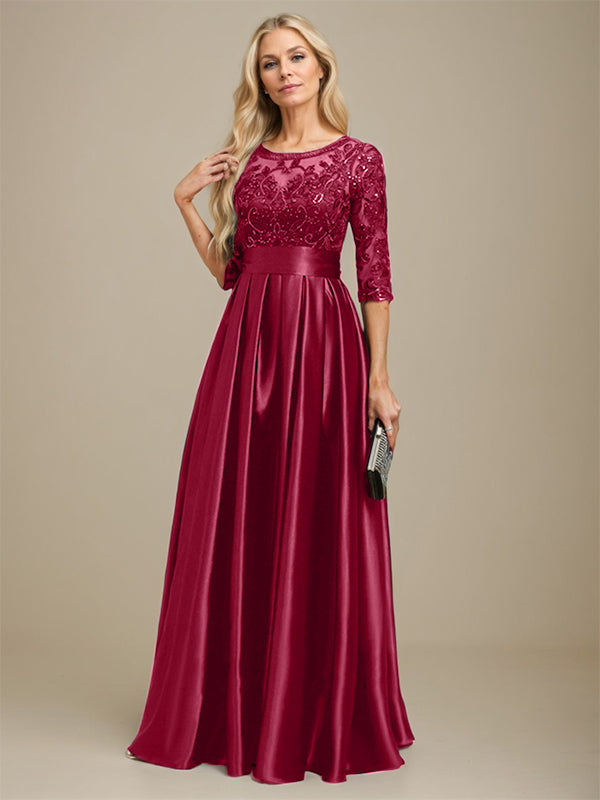 A-line Scoop Illusion Floor-Length Stretch Satin Lace Mother of the Bride Dress With Bow Sequins