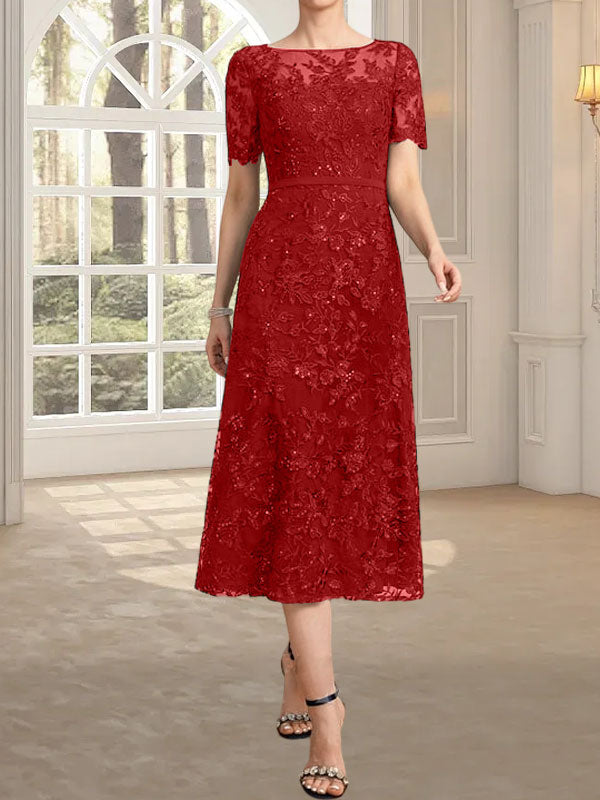 A-Linie, U-Ausschnitt, Illusion, knielang, Spitze, Kleid für die Brautmutter mit Pailletten