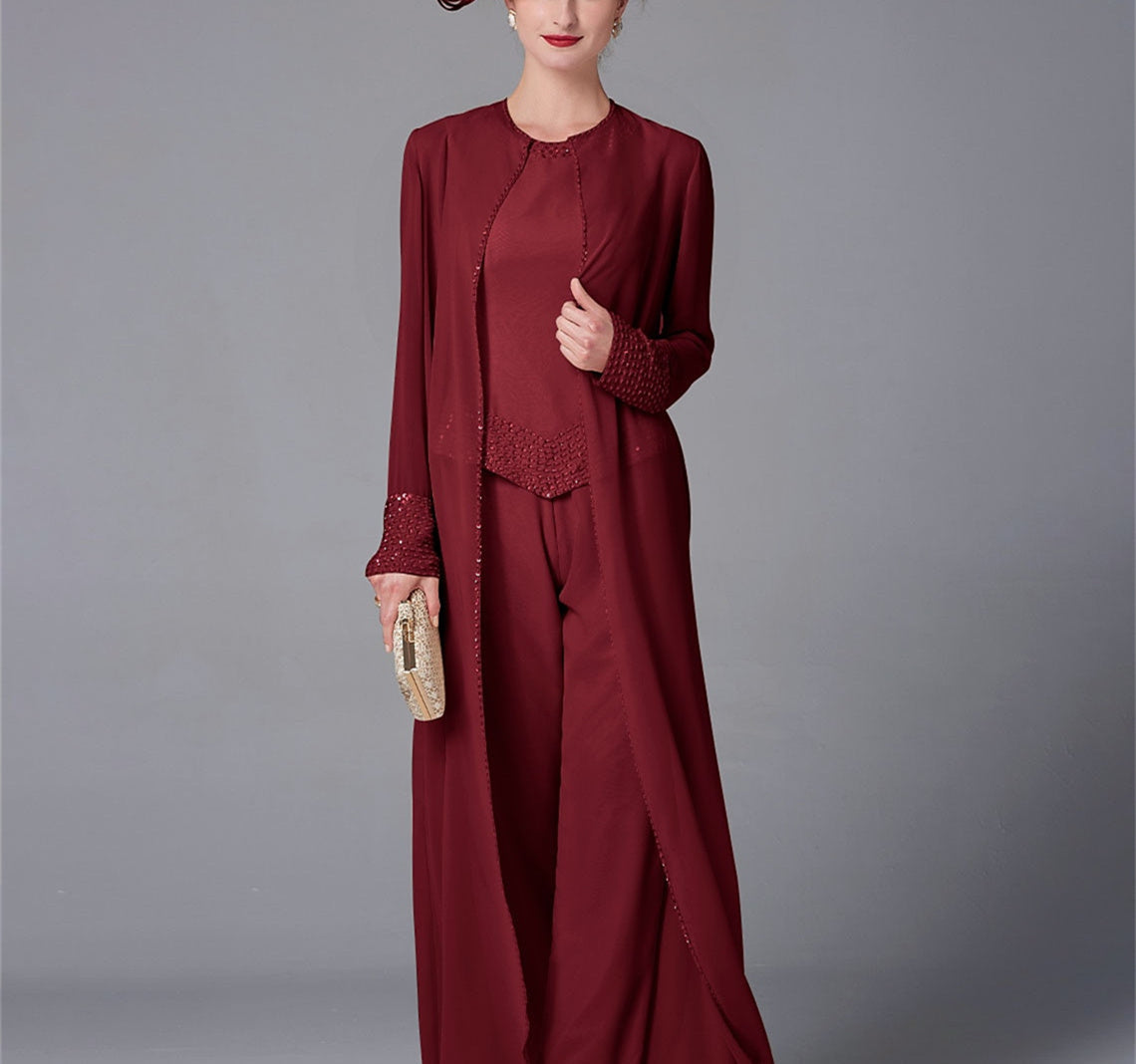 Mother Of The Bride Pantsuit With Jacket And Sequins Long Sleeve Chiffon