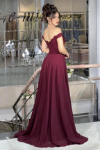 Burgundy Off Shoulder Prom Dress Lace Beaded Corset Chiffon Gown