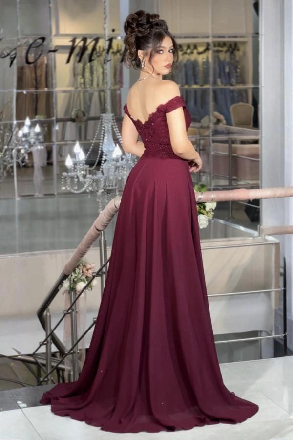 Burgundy Off Shoulder Prom Dress Lace Beaded Corset Chiffon Gown