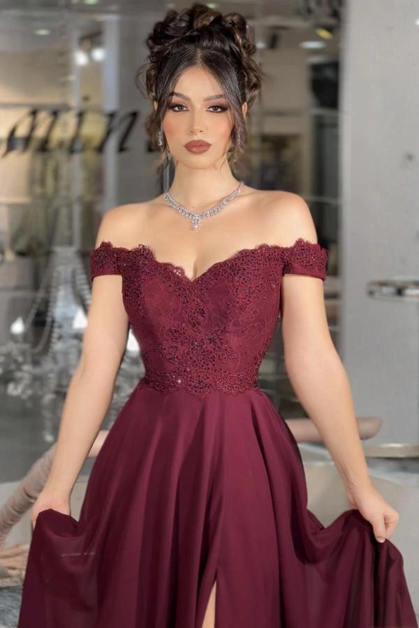 Burgundy Off Shoulder Prom Dress Lace Beaded Corset Chiffon Gown