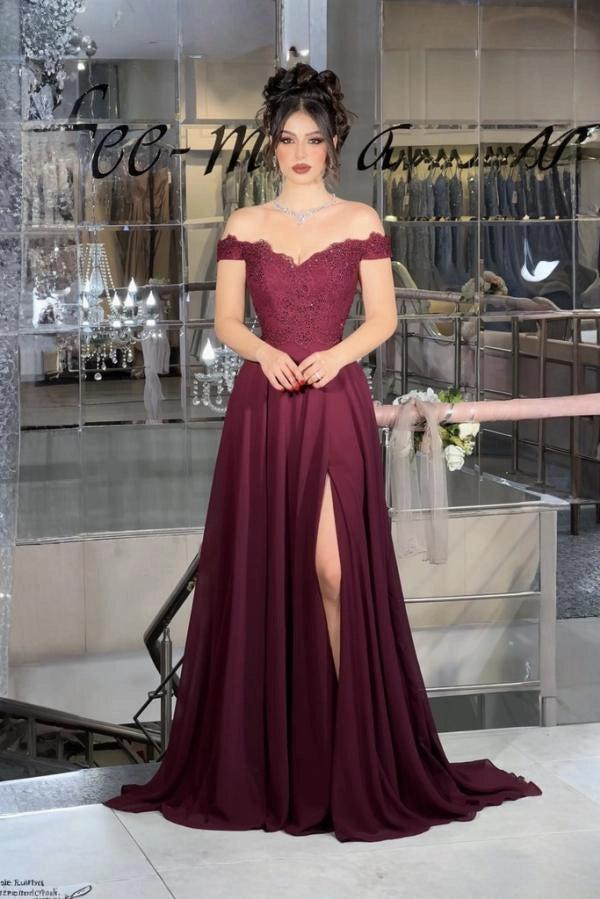 Burgundy Off Shoulder Prom Dress Lace Beaded Corset Chiffon Gown