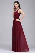 Abiti lunghi da sera color bordeaux in chiffon a tubino con scollo a V