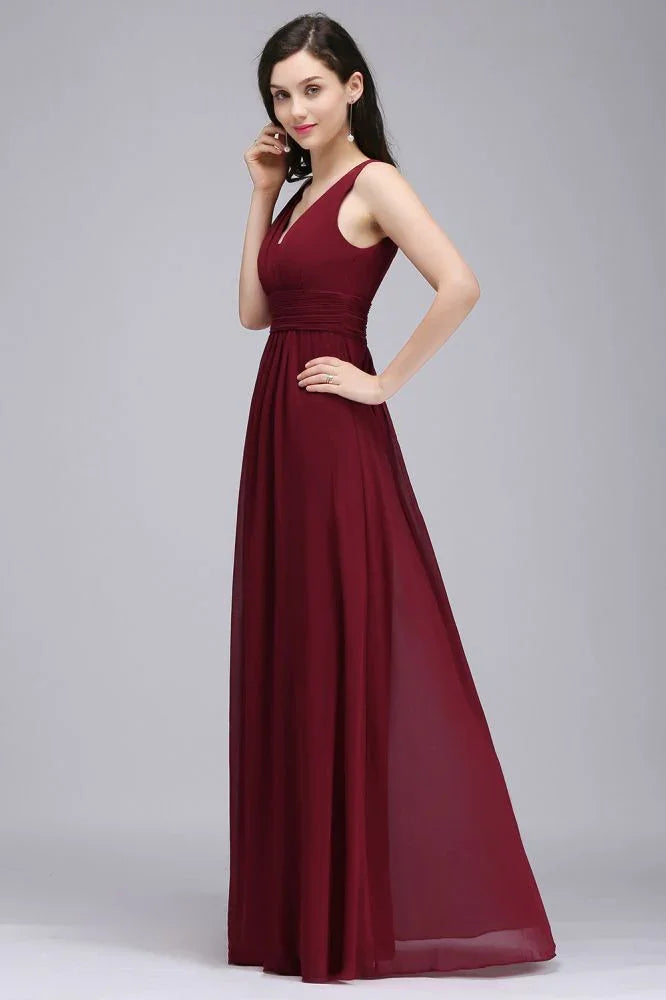 Abiti lunghi da sera color bordeaux in chiffon a tubino con scollo a V