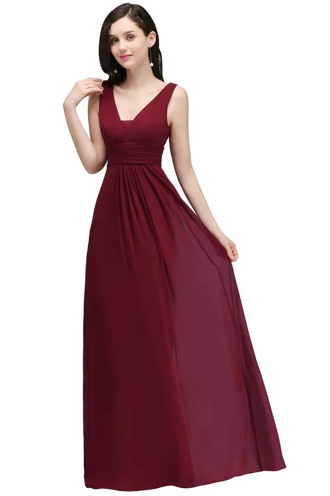 Abiti lunghi da sera color bordeaux in chiffon a tubino con scollo a V