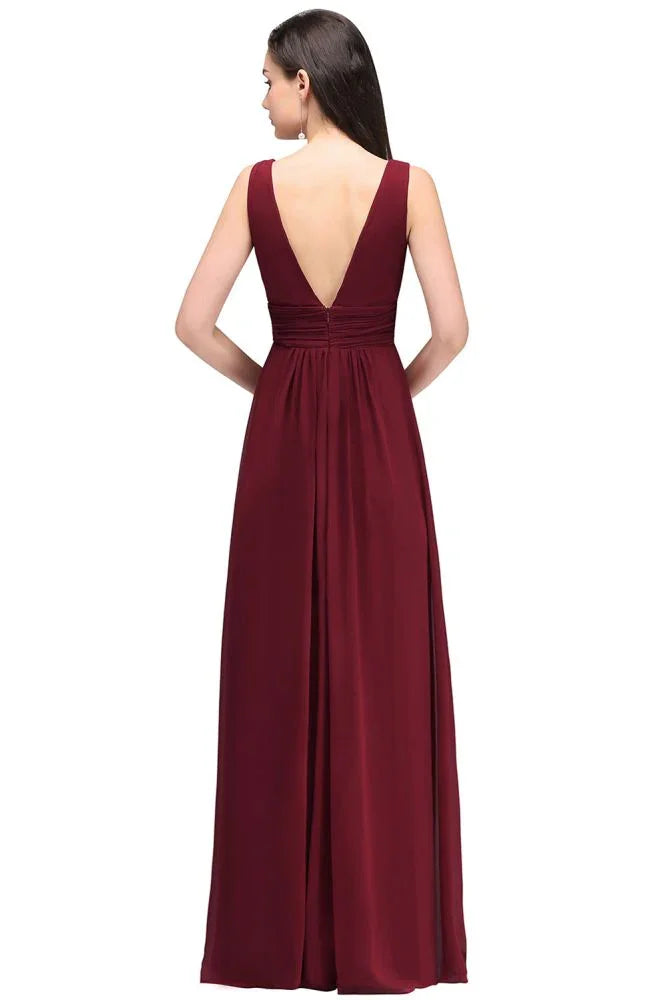 Abiti lunghi da sera color bordeaux in chiffon a tubino con scollo a V
