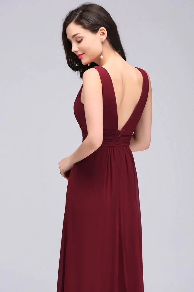Abiti lunghi da sera color bordeaux in chiffon a tubino con scollo a V
