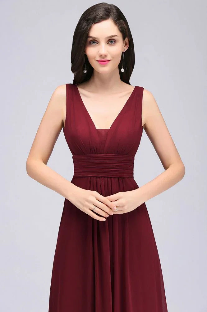 Abiti lunghi da sera color bordeaux in chiffon a tubino con scollo a V
