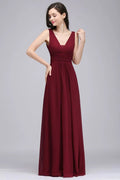 Abiti lunghi da sera color bordeaux in chiffon a tubino con scollo a V