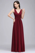 Abiti lunghi da sera color bordeaux in chiffon a tubino con scollo a V