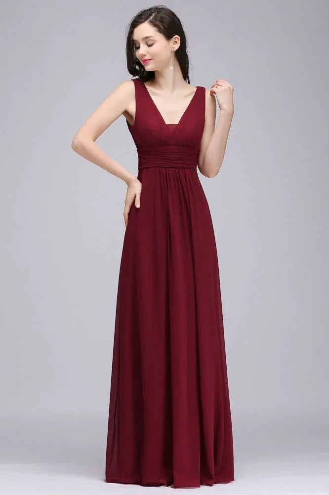 Abiti lunghi da sera color bordeaux in chiffon a tubino con scollo a V