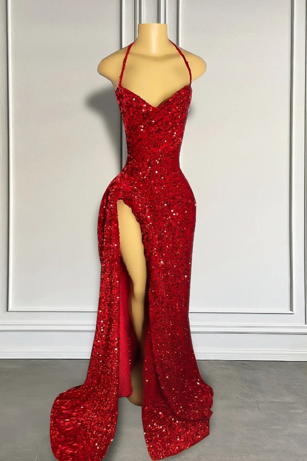 Vestidos de Baile de Cauda de Sereia com Lantejoulas, Sem Mangas, Fenda Frontal, Alças Finas e Decote em V Maravilhoso