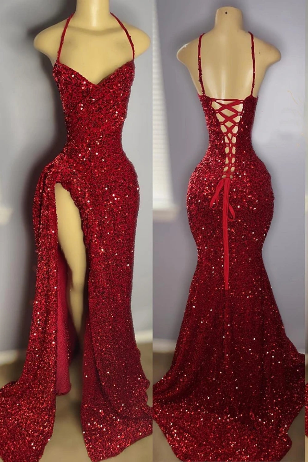 Vestidos de Baile de Cauda de Sereia com Lantejoulas, Sem Mangas, Fenda Frontal, Alças Finas e Decote em V Maravilhoso