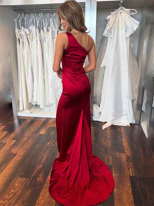 Burgundy Mermaid One Shoulder Satin Pleated Prom Dress With Slit