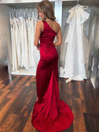 Burgundy Mermaid One Shoulder Satin Pleated Prom Dress With Slit
