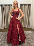 Burgundy Corset Prom Dress With 3D Floral Applique And Slit