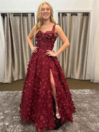 Burgundy Corset Prom Dress With 3D Floral Applique And Slit