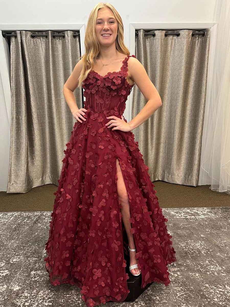 Burgundy Corset Prom Dress With 3D Floral Applique And Slit