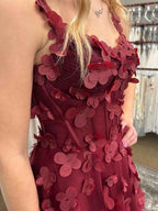 Burgundy Corset Prom Dress With 3D Floral Applique And Slit