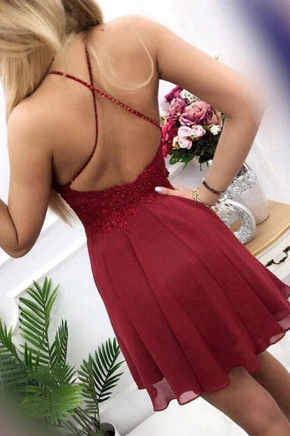 Burgundy Lace Beaded A-line Homecoming Dresses, Graduation Dress