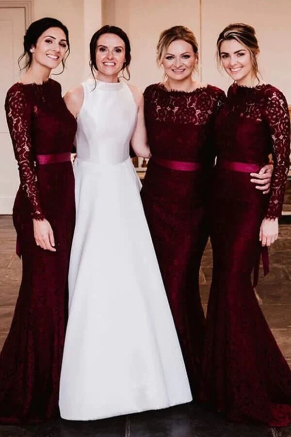 Burgundy Lace Mermaid Sweep Train Long Sleeves Bridesmaid Dresses