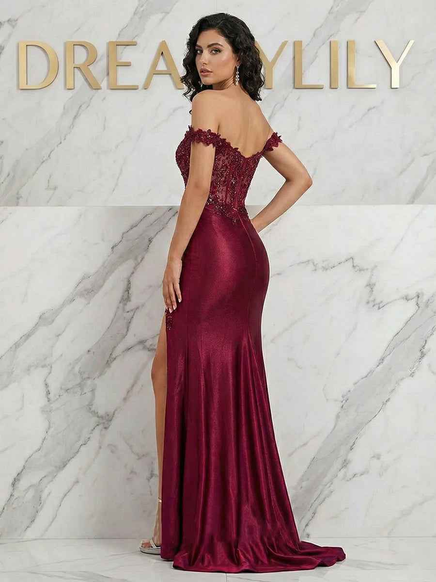 Burgundy Off-Shoulder Lace Corset Prom Dress With Sheer Bodice